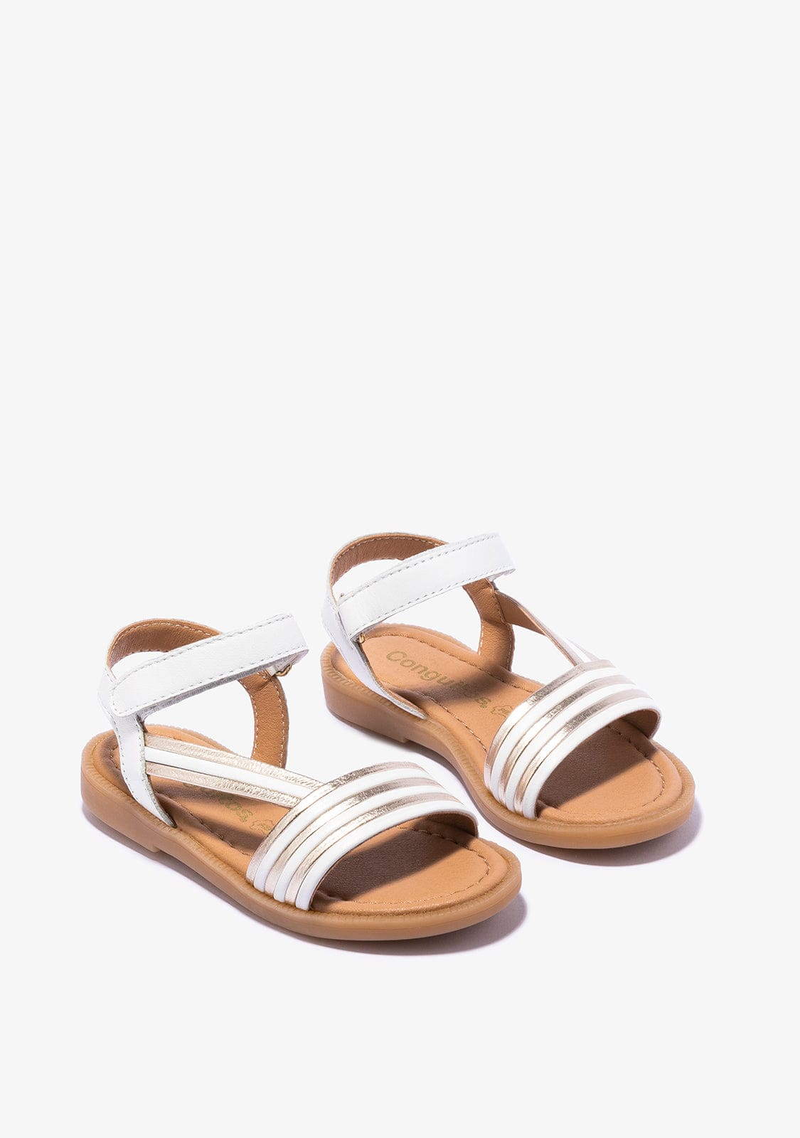 CONGUITOS Shoes Girl's White Gold Adherent Strip Sandals Napa