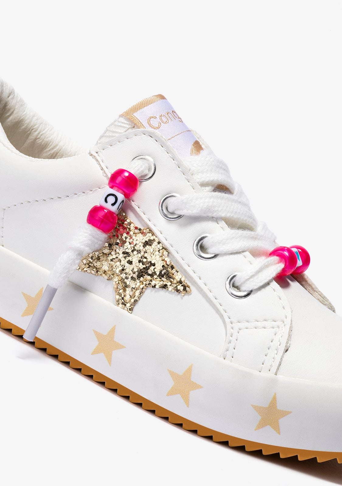 CONGUITOS Shoes Girl's White Gold Stars Glitter Sneakers