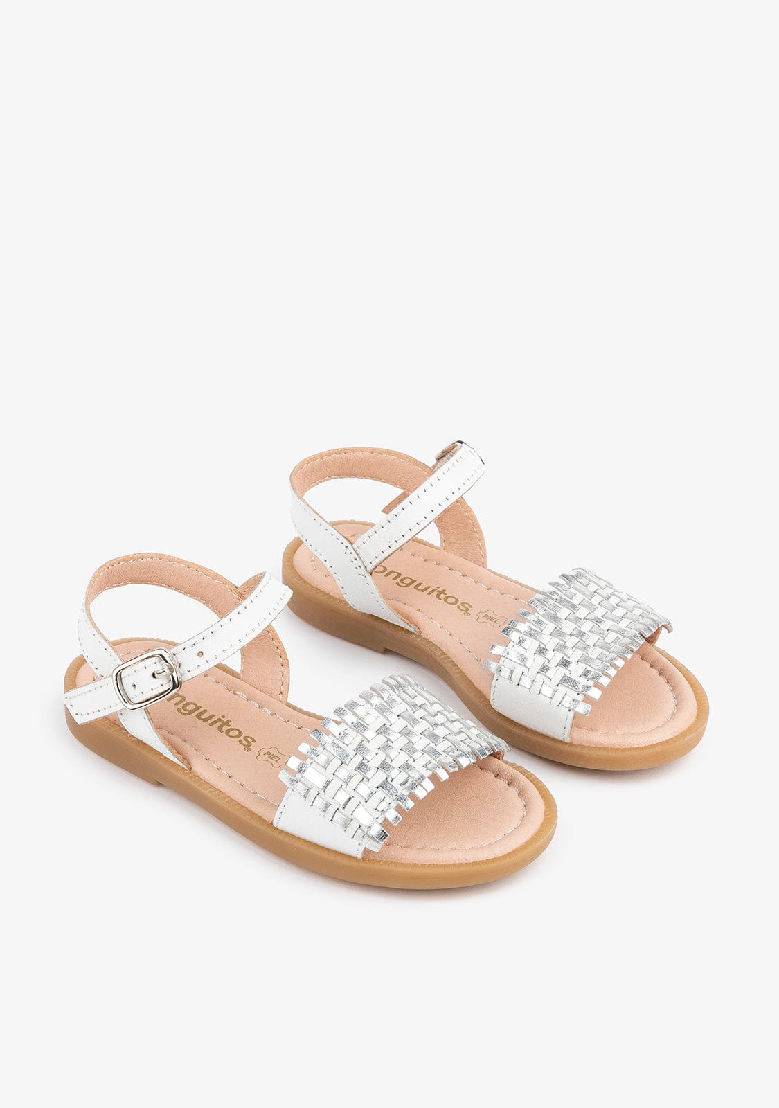 CONGUITOS Shoes Girl's White / Silver Braided Leather Sandals