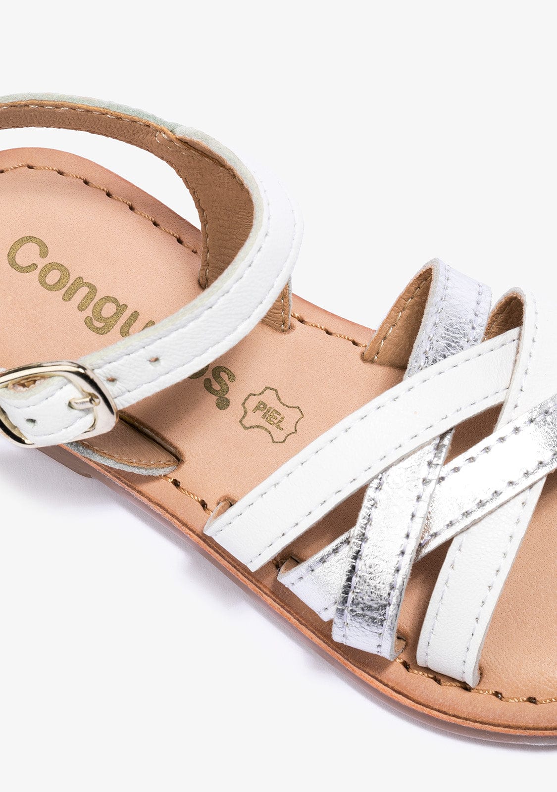 CONGUITOS Shoes Girl's White Silver Buckle Sandals Napa