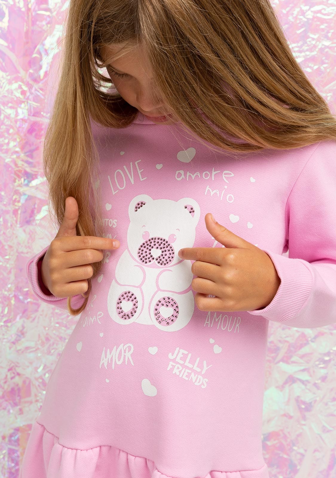 CONGUITOS TEXTIL Clothing Girl's Pink Bear Rhinestones Hooded Dress