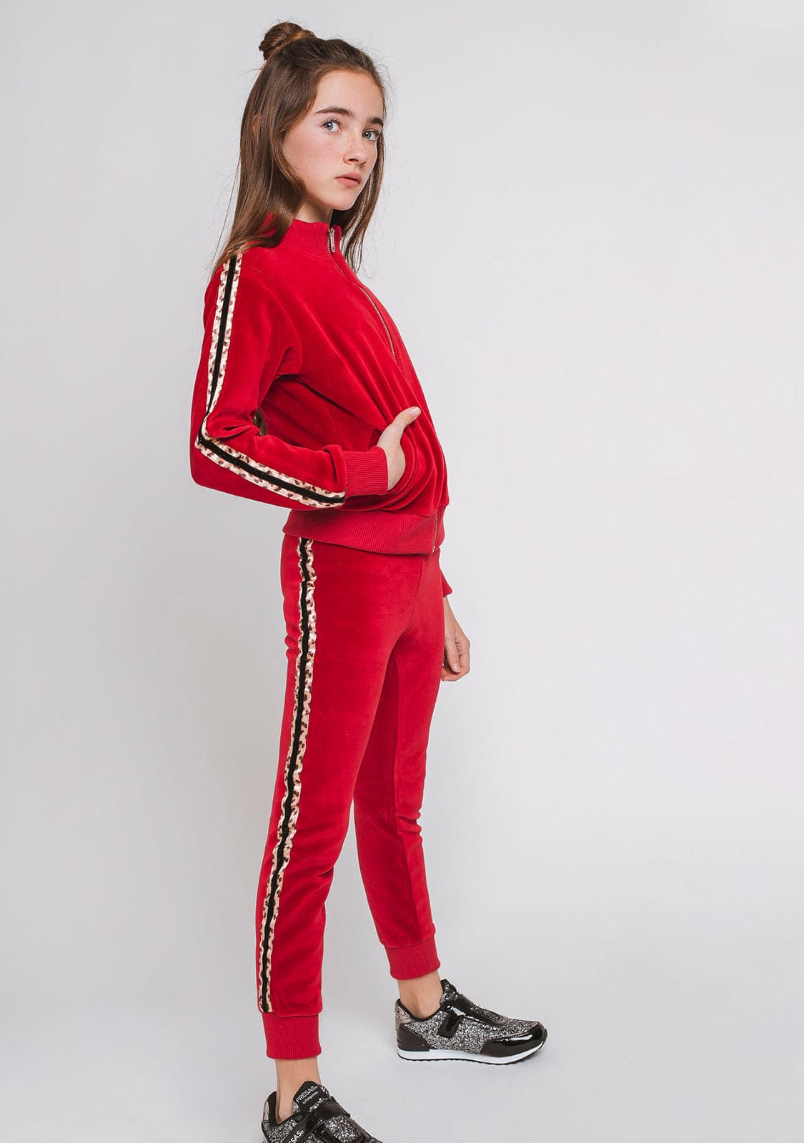 Girl s Red Velvet and Leopard Jogging Pants