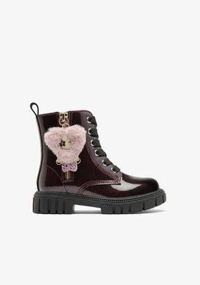 Bottines rangers bordeaux effet velours avec breloque