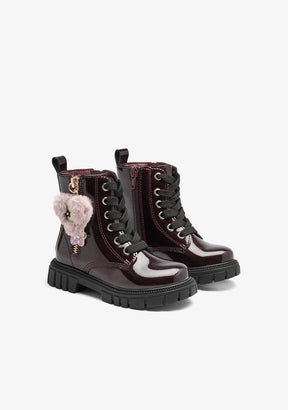 Bottines rangers bordeaux effet velours avec breloque
