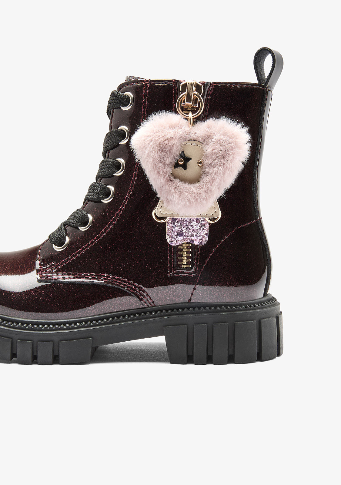 Bottines rangers bordeaux effet velours avec breloque