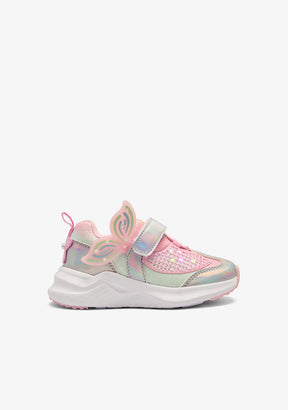 Pink and gray children's sneaker with butterfly design on a white background