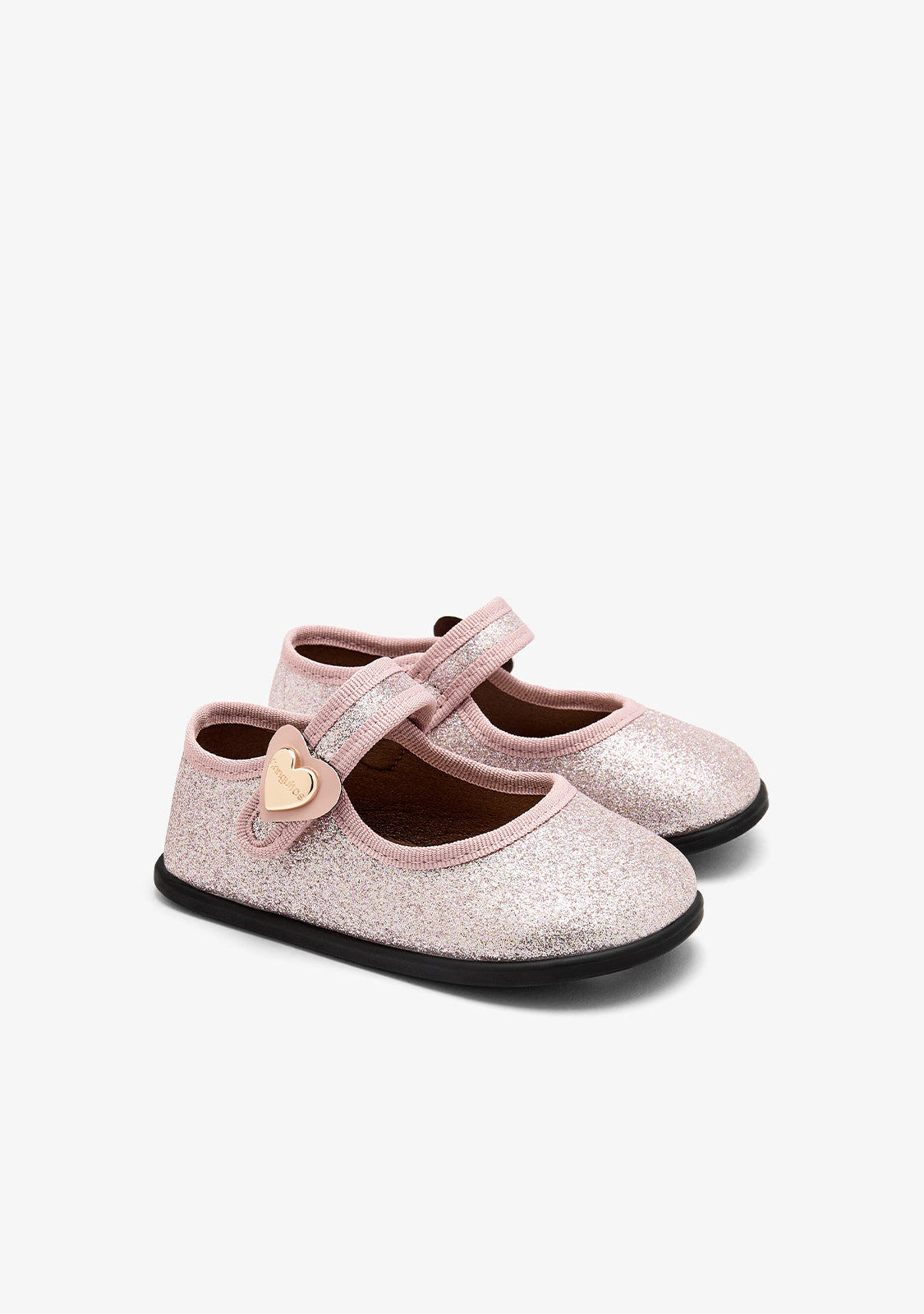 Rosafarbene Barfuß-Mary-Janes mit Glitzer und Herz