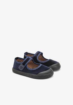Marineblaue Samt-Barfuß-Mary-Janes