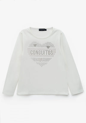 Camiseta de Niña Corazón Strass Blanco