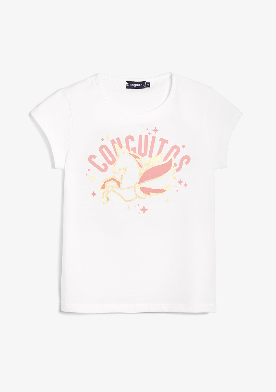 T-shirt Bianca con Unicorno Dorato