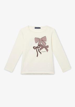 T-Shirt mit langen Ärmeln und Schleife in gebrochenem Weiß