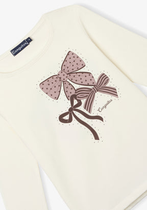 T-Shirt mit langen Ärmeln und Schleife in gebrochenem Weiß