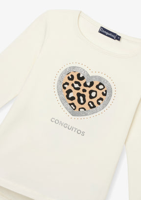 White Long-Sleeve Leopard Heart T-Shirt