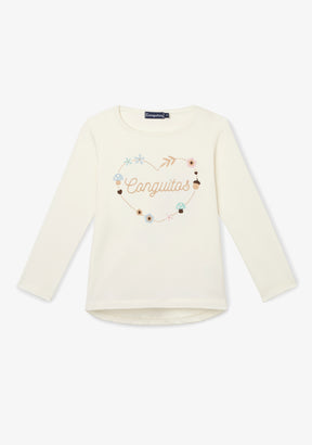 T-Shirt Long Sleeve Heart Flowers Off White
