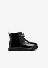 Black Patent Leather Baby Boots with Glitter