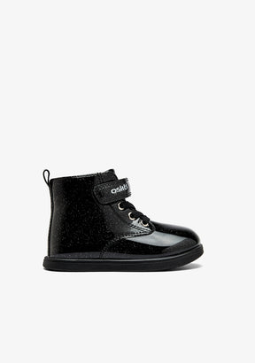 Black Patent Leather Baby Boots with Glitter