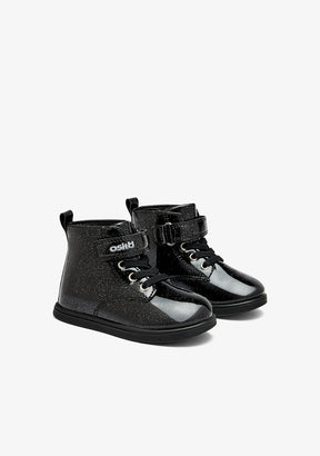 Black Patent Leather Baby Boots with Glitter