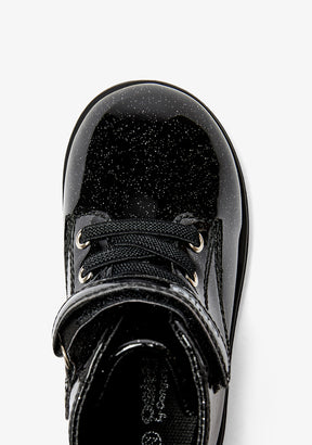 Black Patent Leather Baby Boots with Glitter