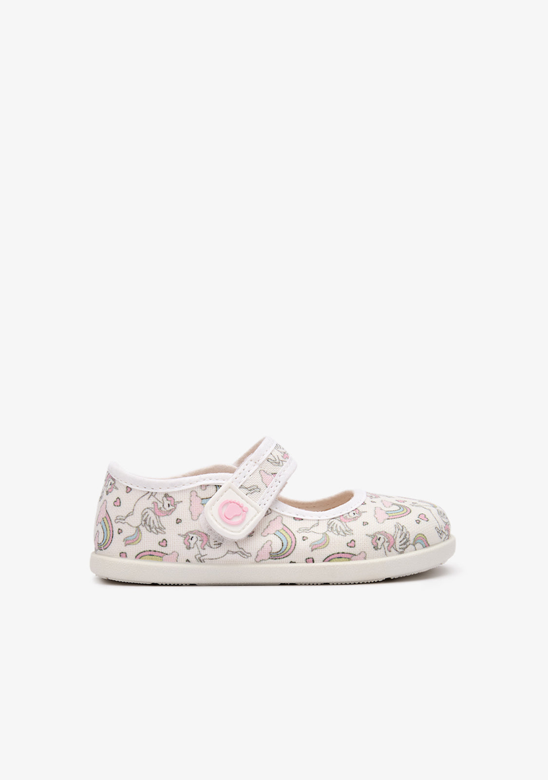 Mary Janes barefoot en toile pour bébé imprimé licorne arc-en-ciel