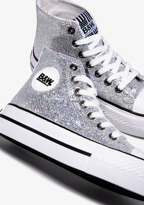 B&W JUNIOR Shoes Girl's Silver Glitter Hi-Top Sneakers B&W