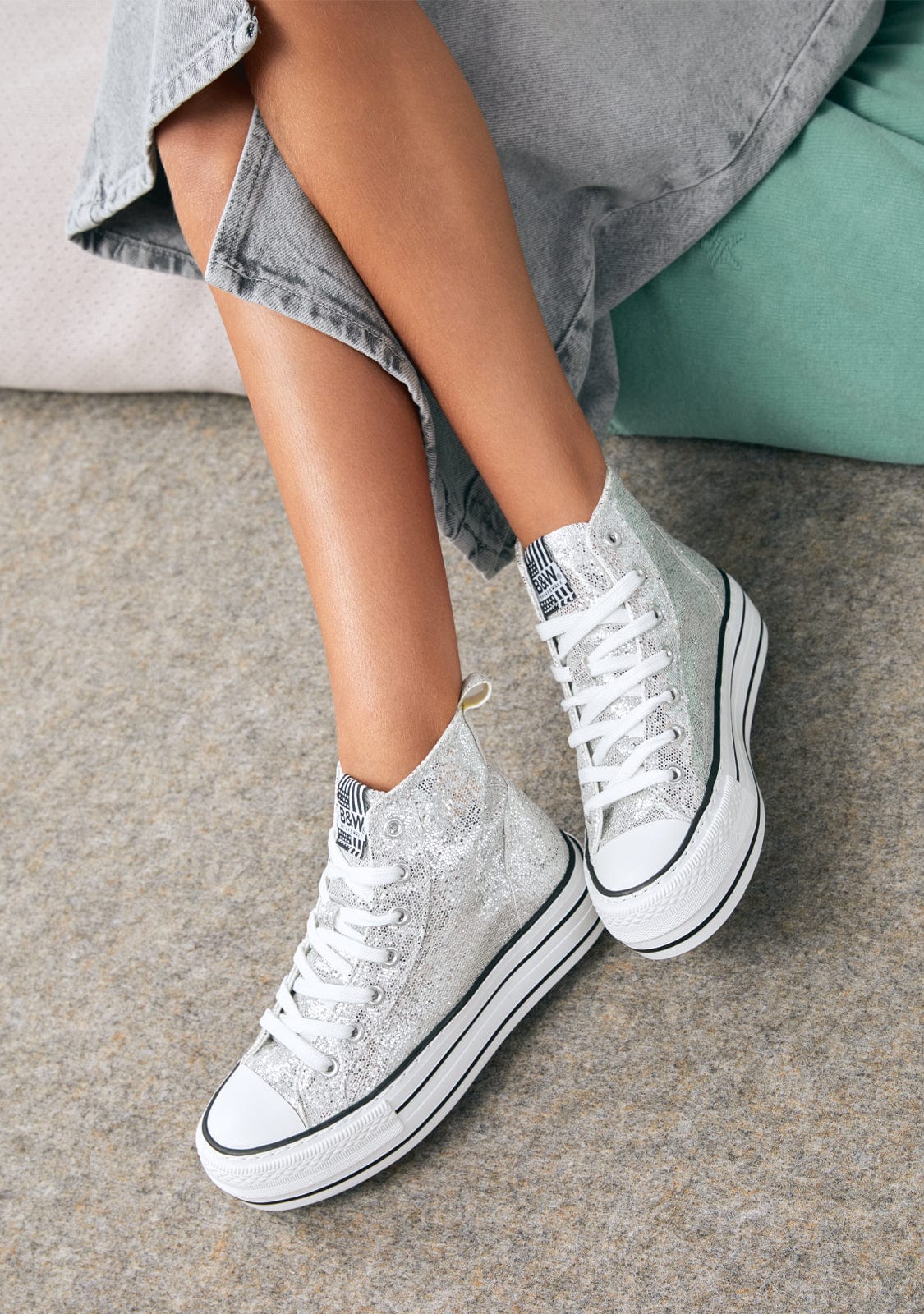 B&W JUNIOR ZAPATOS / SNEAKERS / BASKET Silver Glitter High Top Sneakers B&W