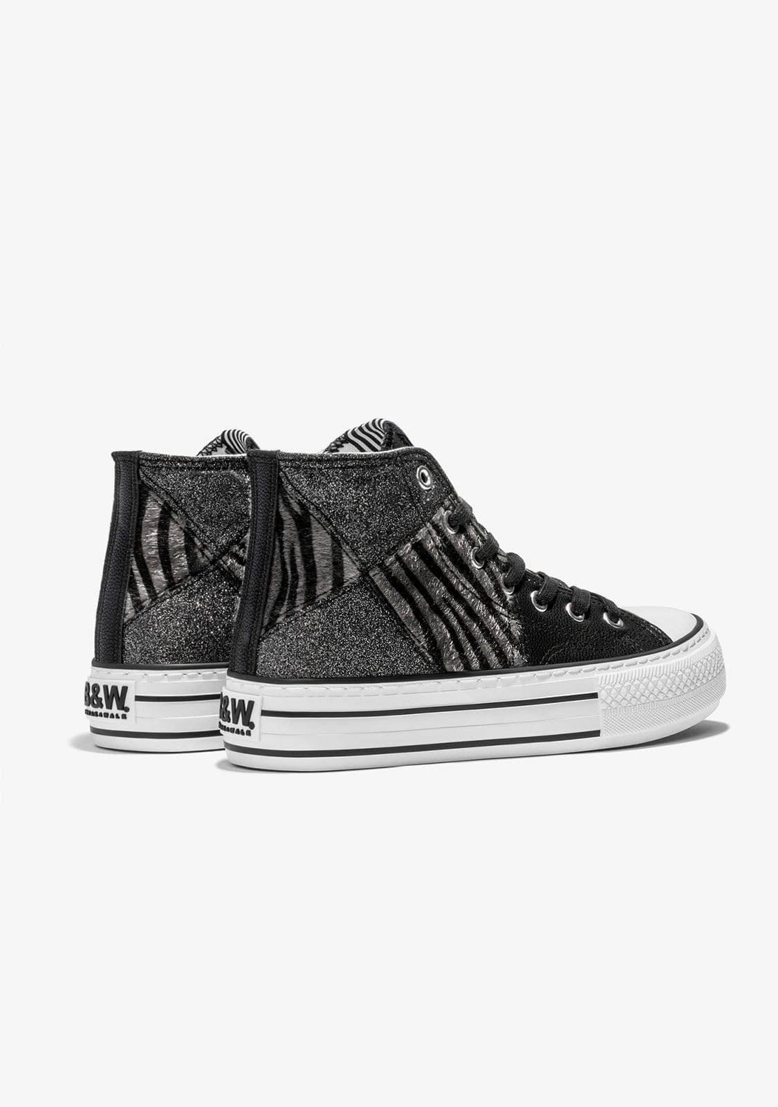 B & W Shoes Black Zebra Platform Hi-Top Sneakers Glitter