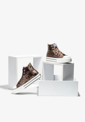 B & W Shoes Brown Leopard Platform Hi-Top Sneakers Glitter