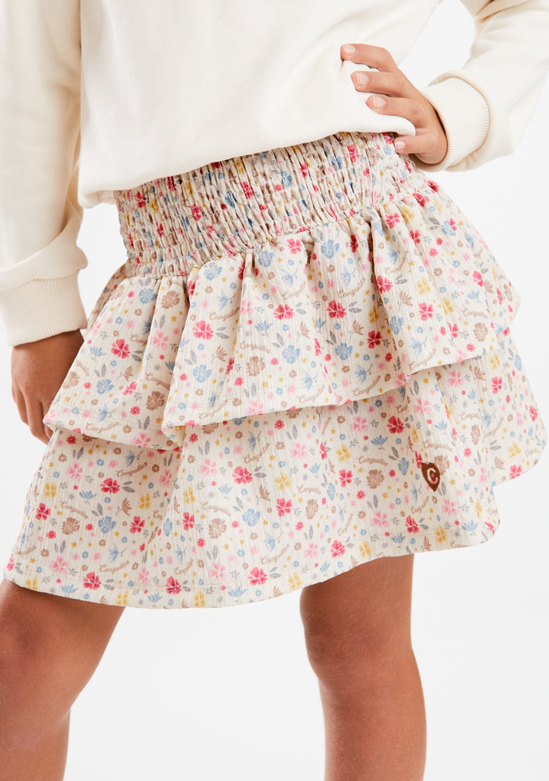 Beige Flowers Ruffles Skirt