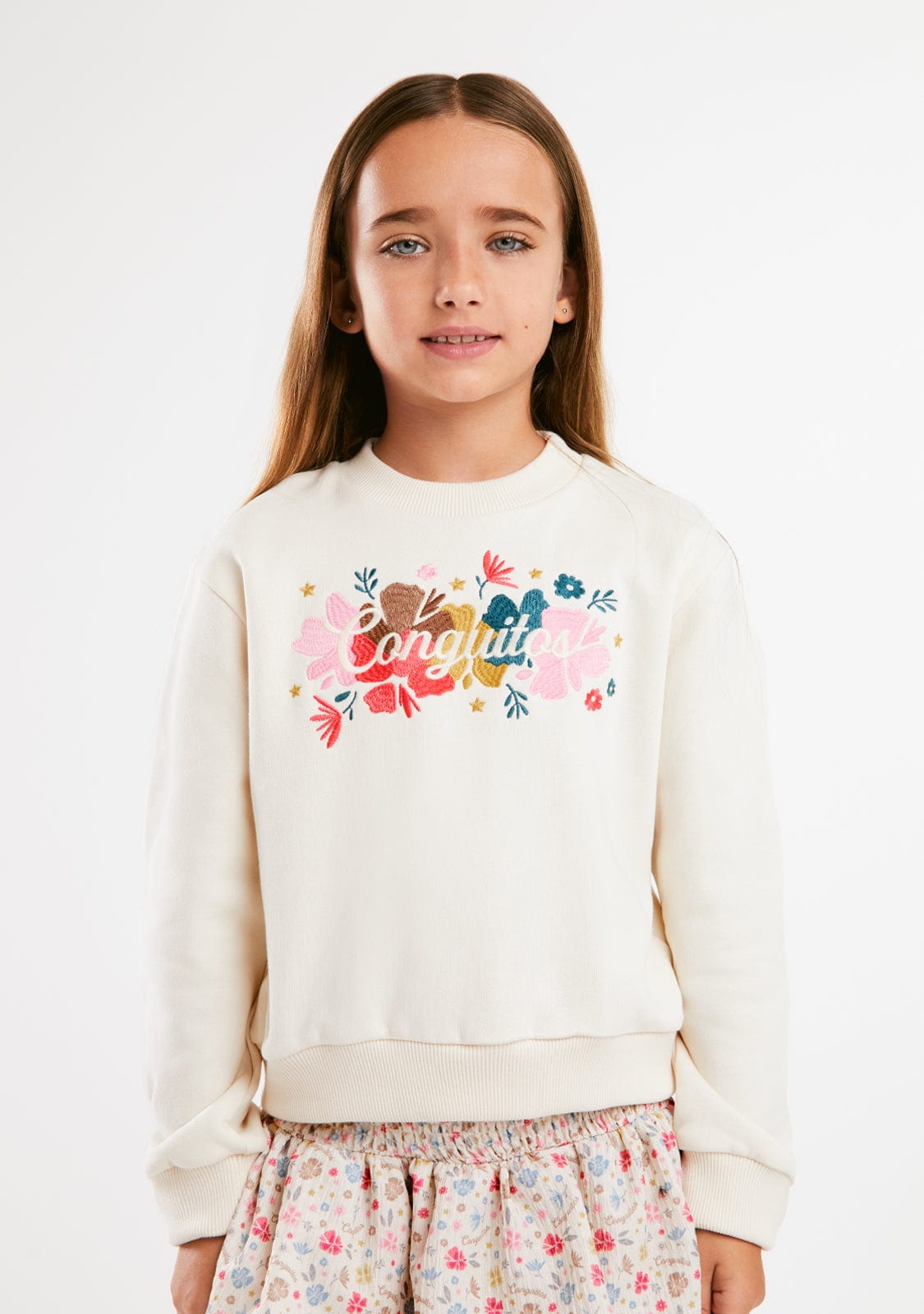 Sweatshirt Brodé Fleurs Beige 