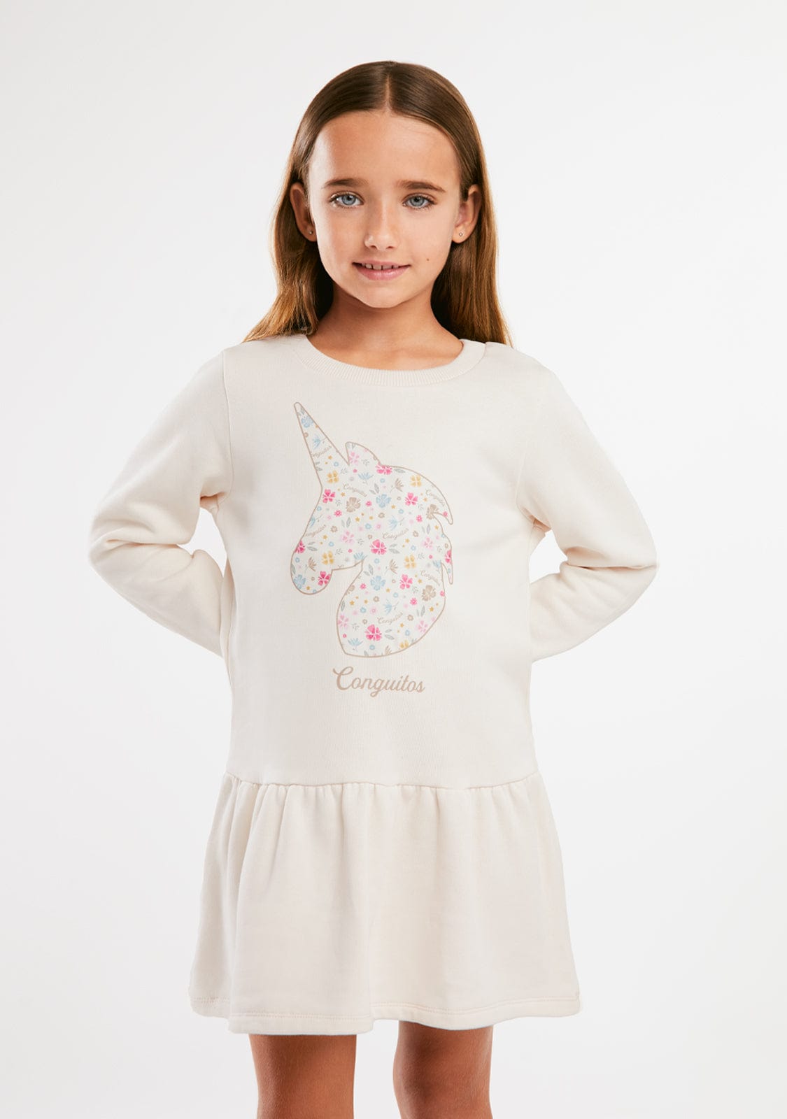 Beigefarbenes Einhorn-Sweatshirt-Kleid