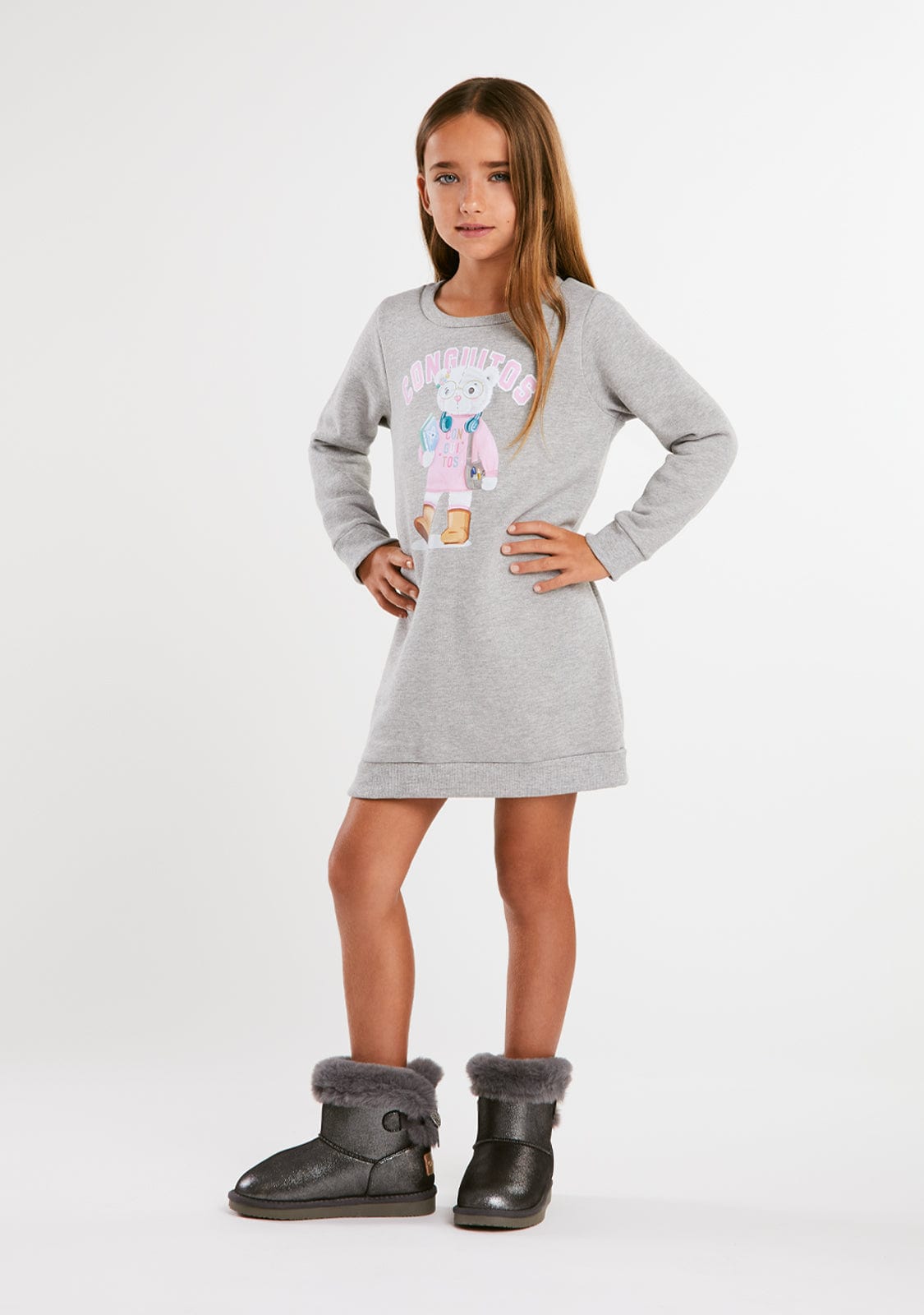 Robe en sweat imprimé ourson gris