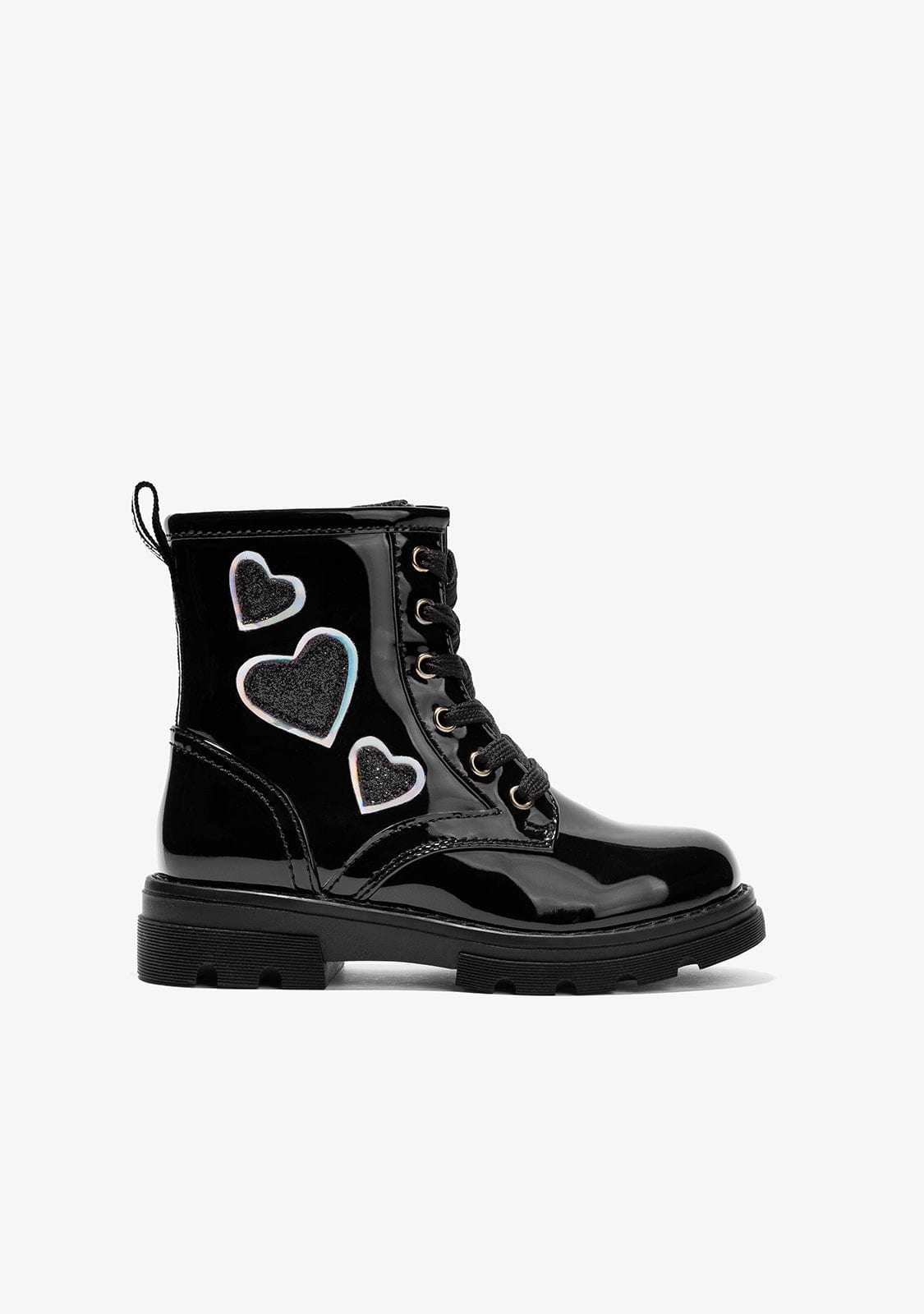 CONGUITOS Shoes Girl's Black Patent Ankle Boots With Glitter Hearts