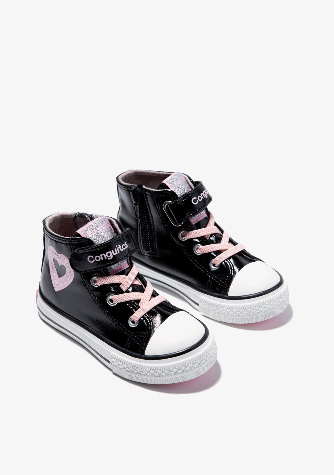 CONGUITOS Shoes Girl's Black Patent Leather Heart Hi-Top Sneakers