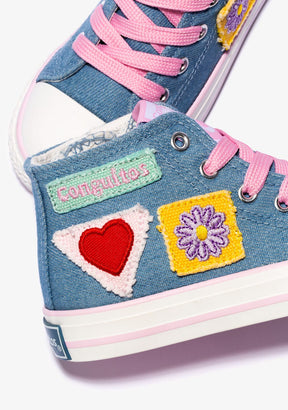 CONGUITOS Shoes Girl's Denim Patches Hi-Top Sneakers Canvas
