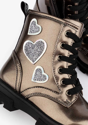 CONGUITOS Shoes Girl's Pewter Patent Ankle Boots With Glitter Hearts