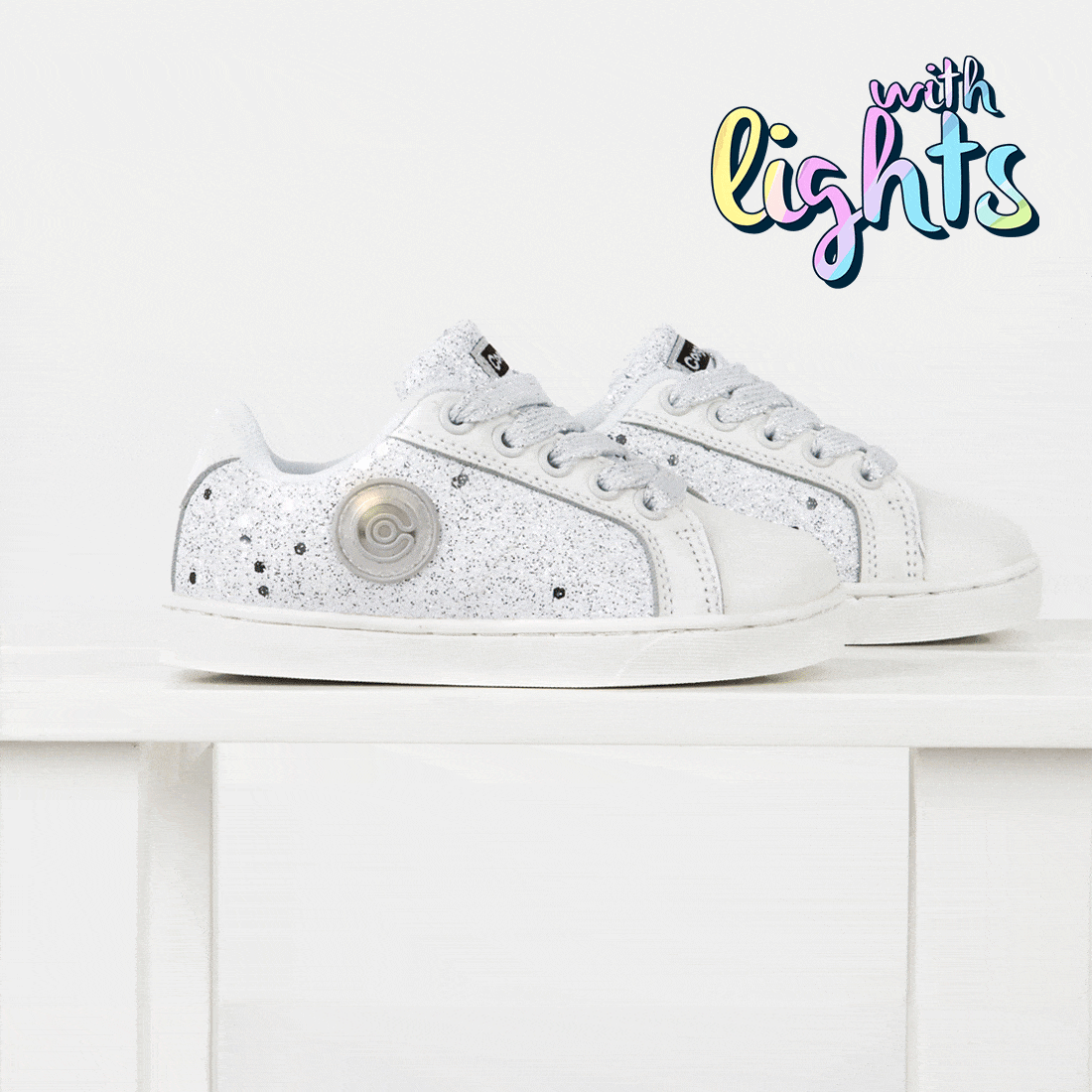 CONGUITOS Shoes Girl's White Glitter Sneakers with Lights