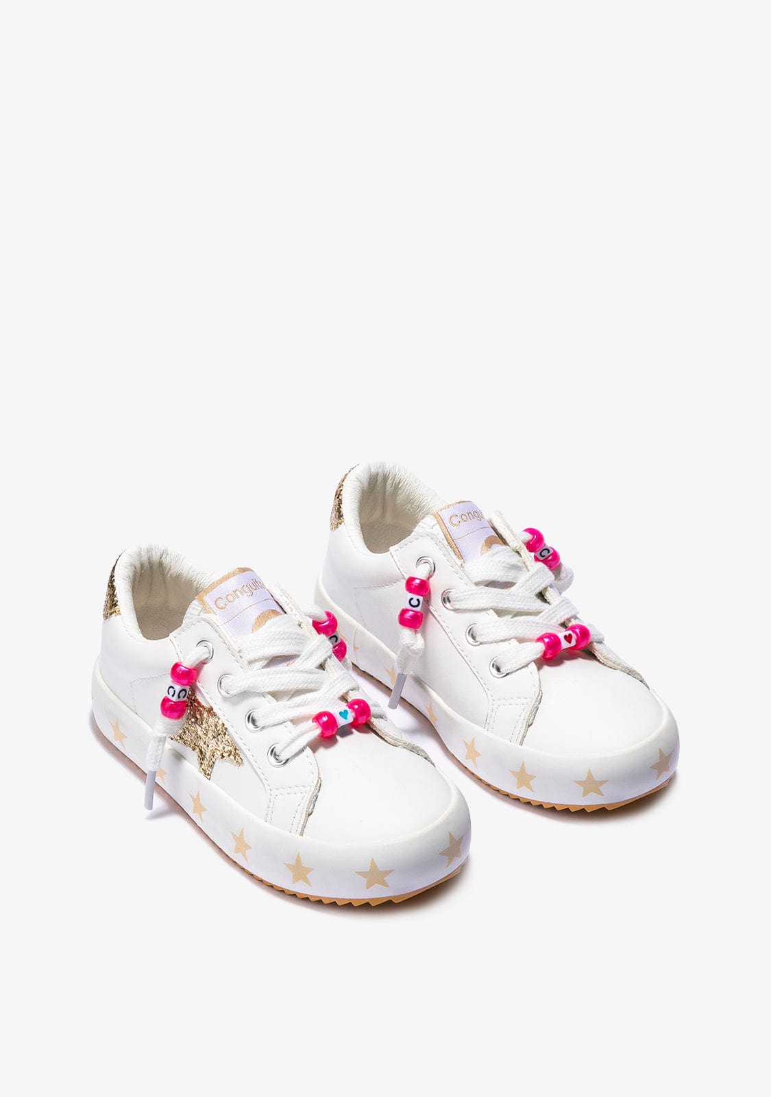 CONGUITOS Shoes Girl's White Gold Stars Glitter Sneakers