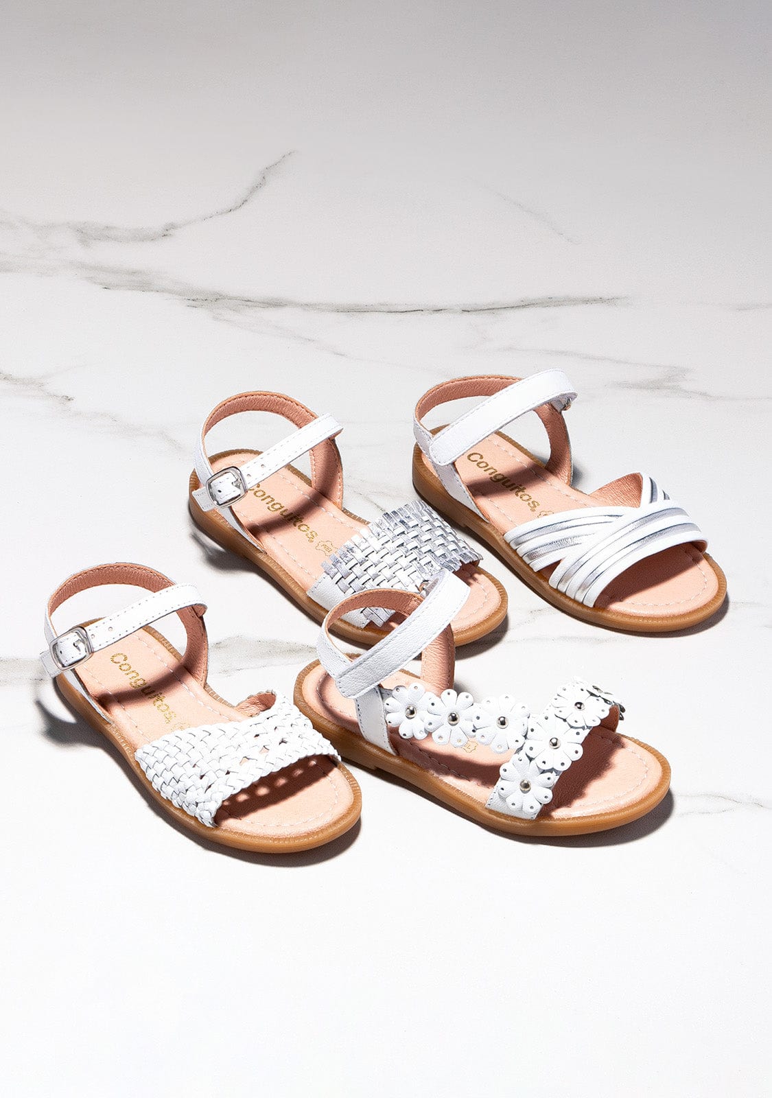 CONGUITOS Shoes Girl's White / Silver Braided Leather Sandals