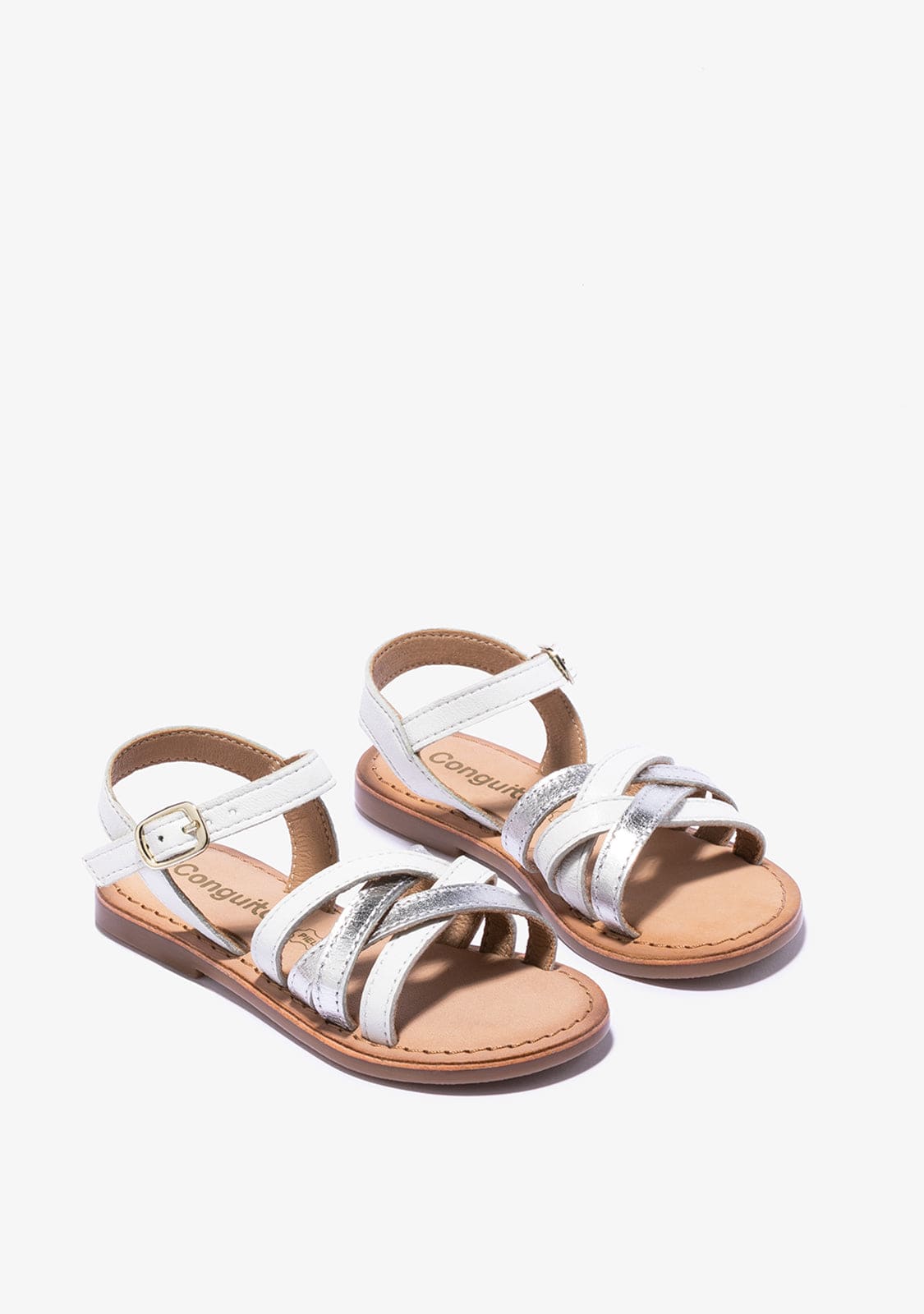 CONGUITOS Shoes Girl's White Silver Buckle Sandals Napa