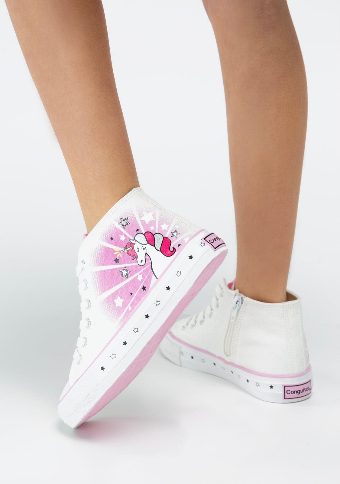 CONGUITOS Shoes Girl's White Unicorn Solar Hi-Top Sneakers Canvas