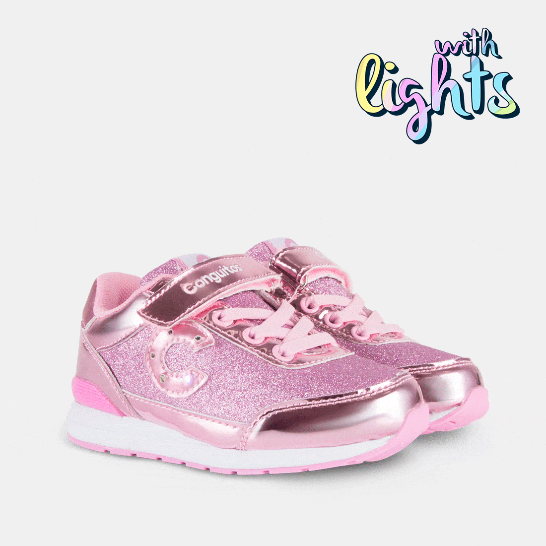 CONGUITOS Shoes Zapatillas con Luces de Niña Glitter Espejo Rosa