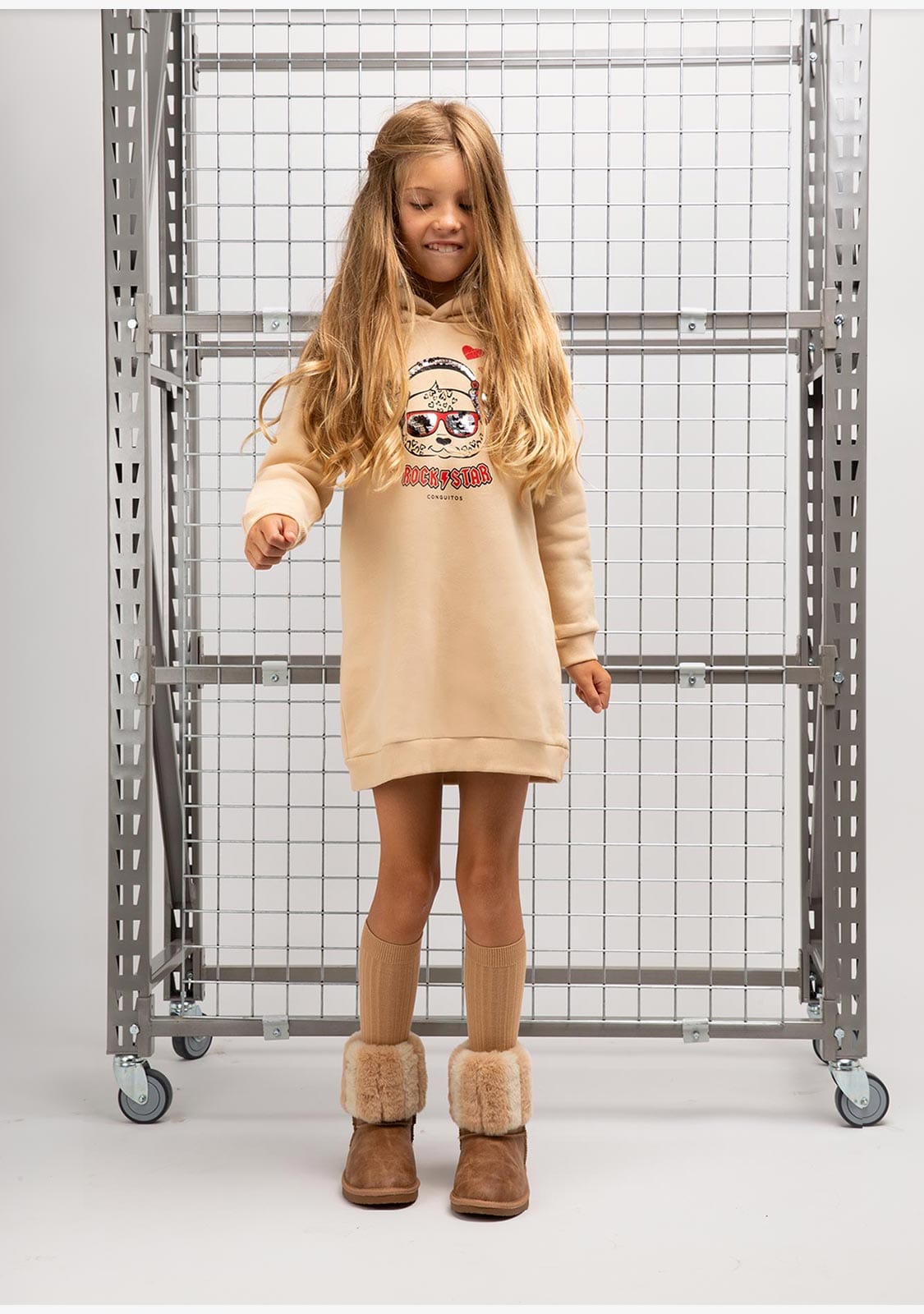 CONGUITOS TEXTIL Clothing Girl's Beige Bear Hooded Dress