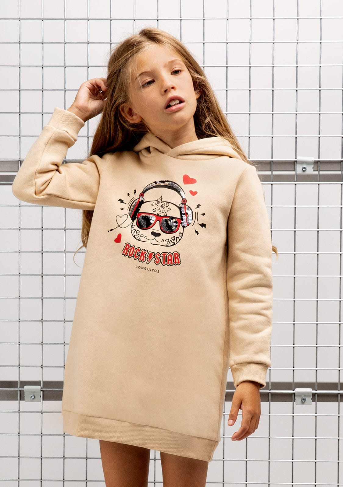 CONGUITOS TEXTIL Clothing Girl's Beige Bear Hooded Dress