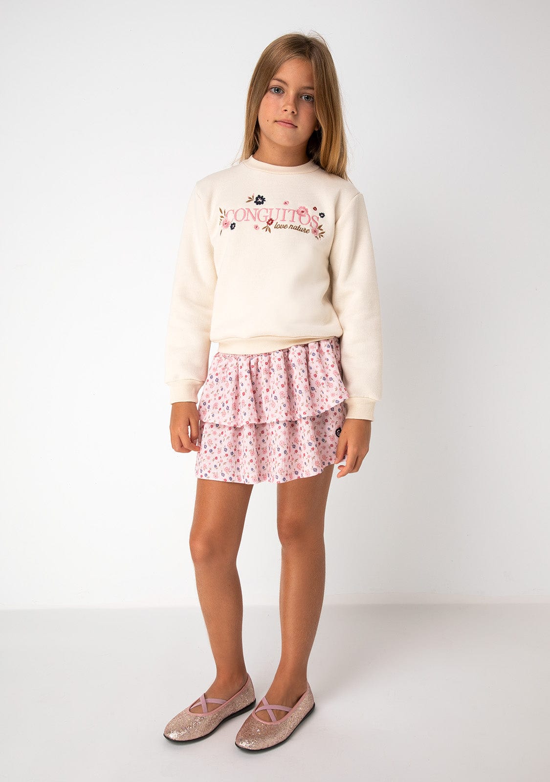CONGUITOS TEXTIL Clothing Girl's Beige Conguitos Flowers Sweatshirt