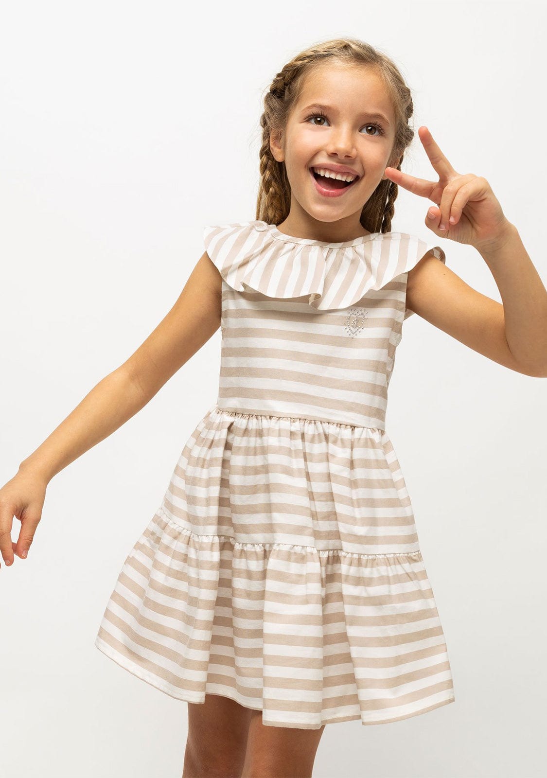 CONGUITOS TEXTIL Clothing Girl's Beige Ruffled Striped Dress
