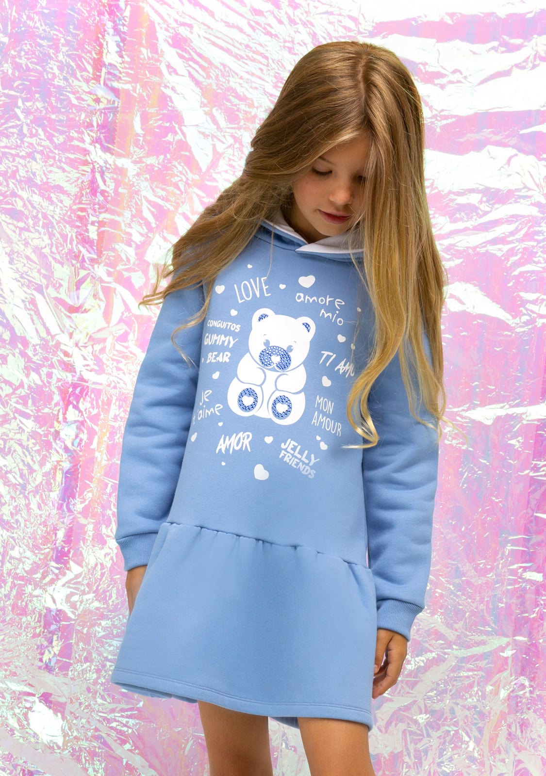CONGUITOS TEXTIL Clothing Girl's Blue Bear Rhinestones Hooded Dress