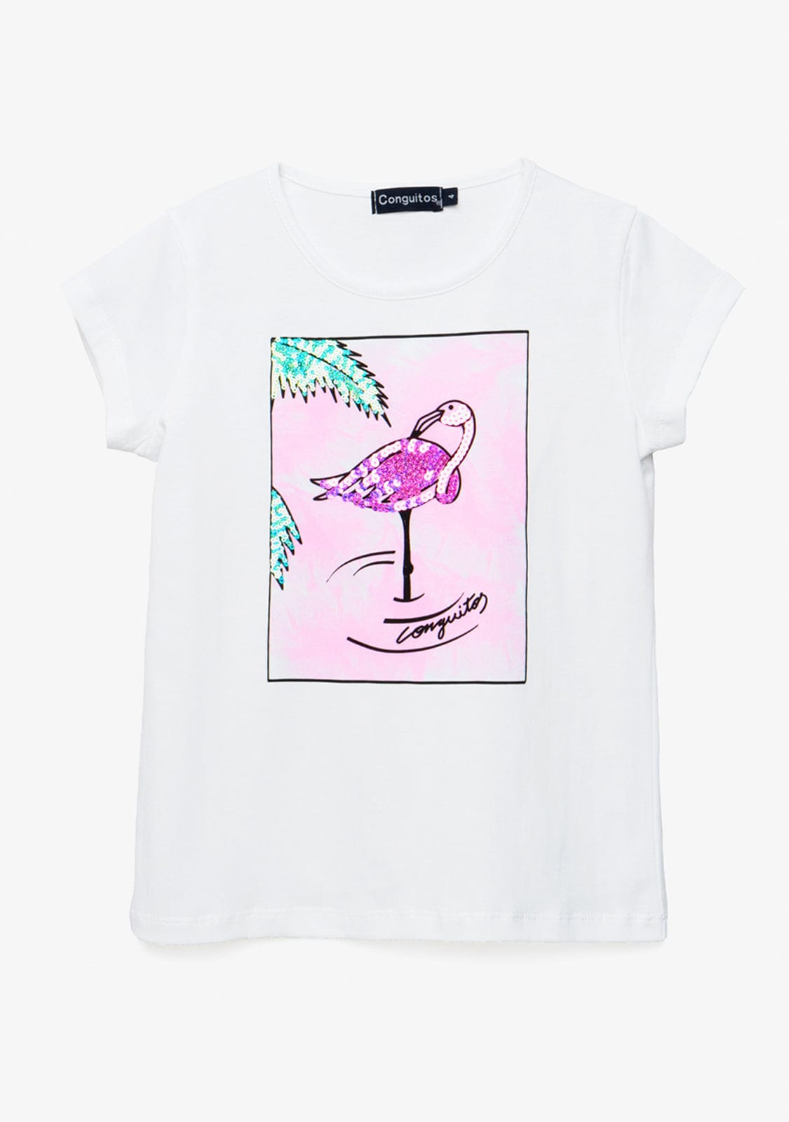 CONGUITOS TEXTIL Clothing Girl's Flamingo Sequins T-Shirt