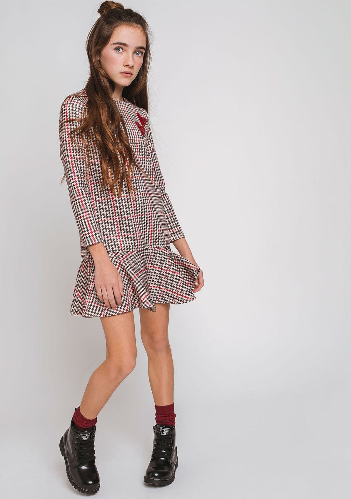 CONGUITOS TEXTIL Clothing Girl's Houndstooth Brown Bordeaux Dress