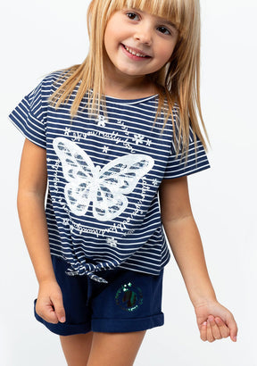 CONGUITOS TEXTIL Clothing Girl's Navy Butterfly Knotted T-shirt