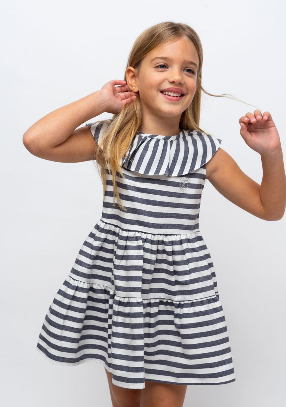 CONGUITOS TEXTIL Clothing Girl's Navy Ruffled Striped Dress